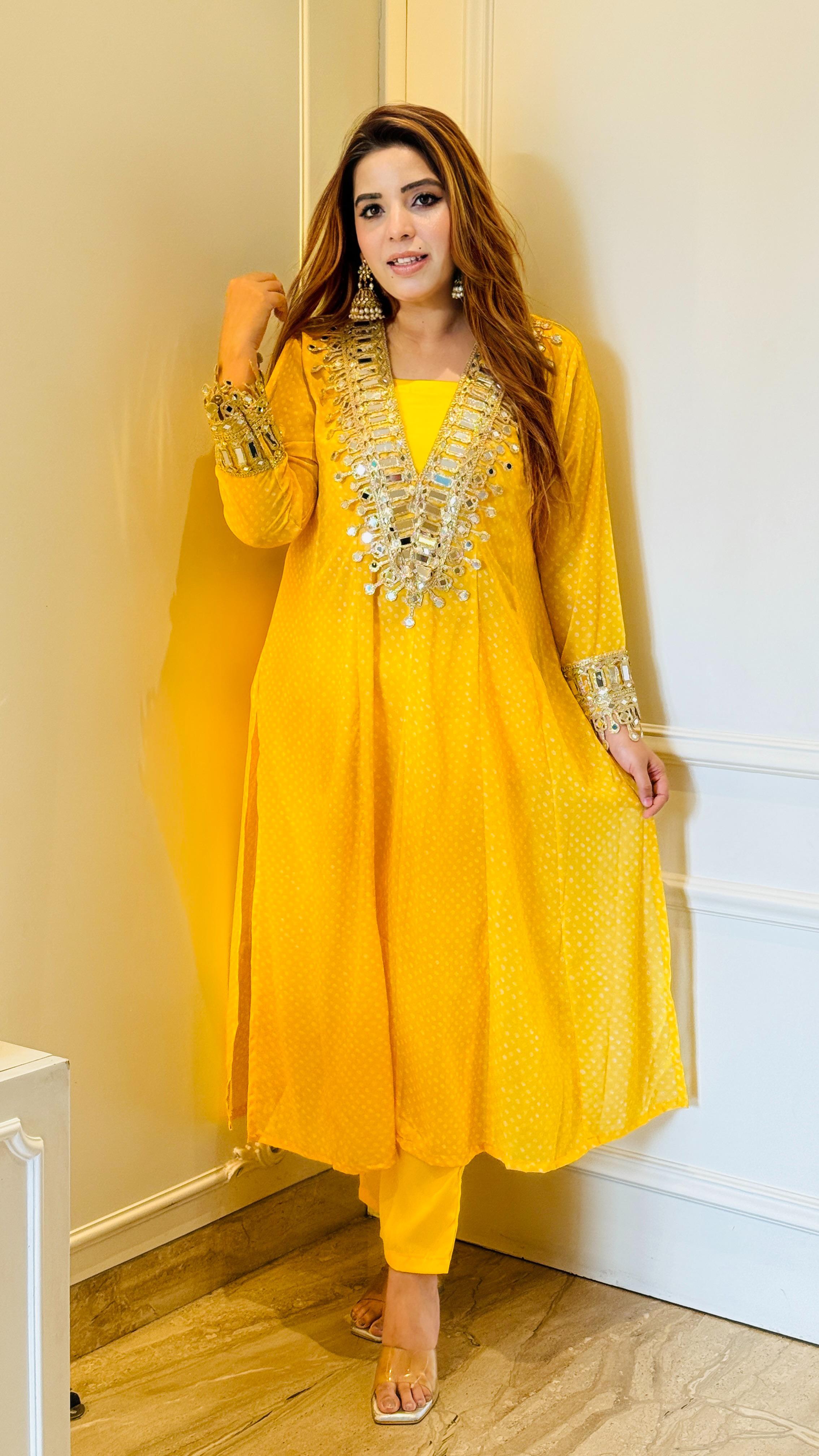 Bandhani Slit Kurta Set- Yellow, Blue, Pink